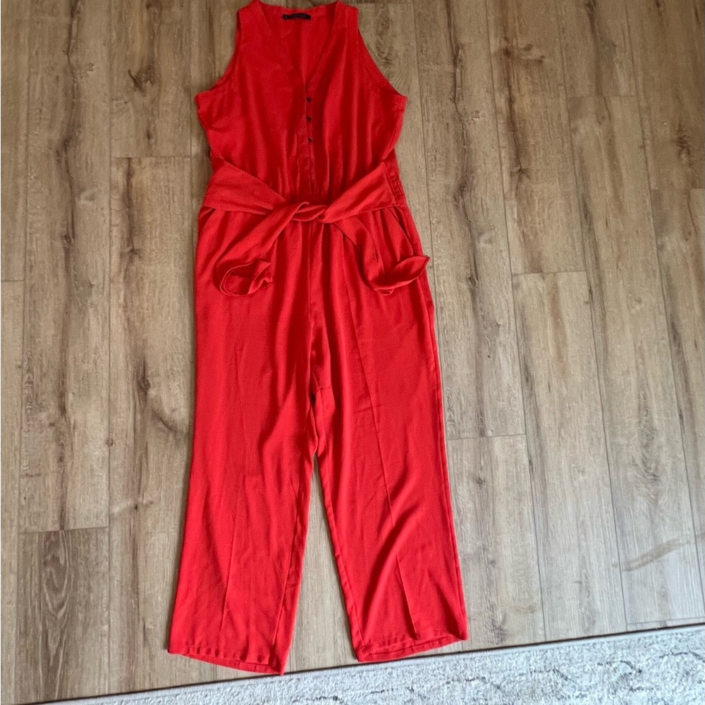 Mango Red High Neck Jumpsuit with Wide Leg